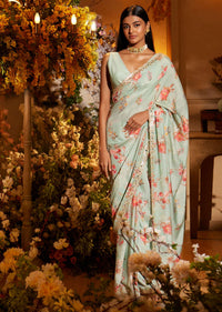 Mint Blue Saree In Muslin With Floral Print And Embroidery In Gotta Patti Work