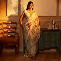 Mint Blue Saree In Muslin With Floral Print And Embroidery In Gotta Patti Work