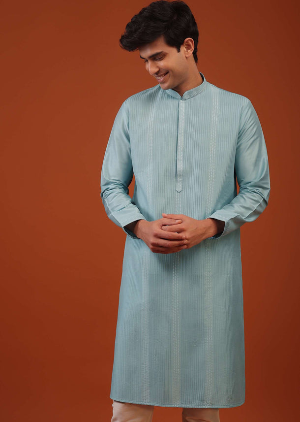 Mint Blue Striped Thread Woven Silk Kurta Set