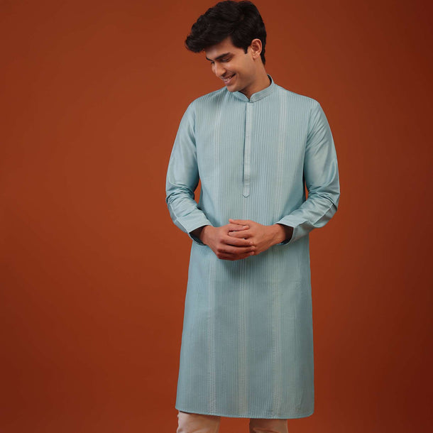 Mint Blue Striped Thread Woven Silk Kurta Set