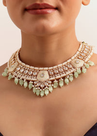 Mint Green And Gold Kundan Necklace Set In Mix Metal