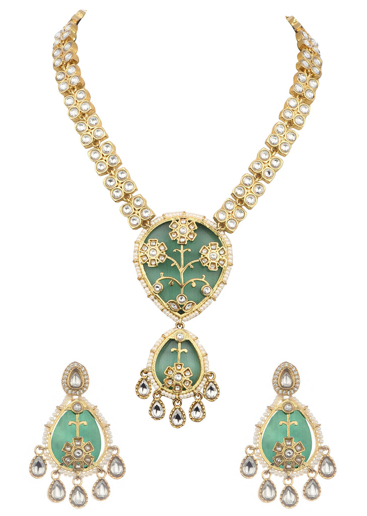 Mint Green And Gold Kundan Short Necklace Set With Stones