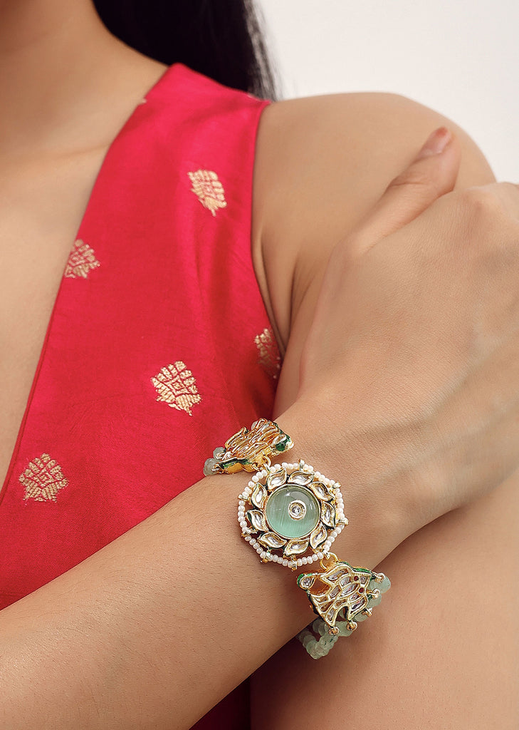 Mint Green Beaded Bracelet With Kundan Work In Mix Metal
