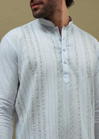 Mint Green Cotton Kurta Set With Resham Work For Men