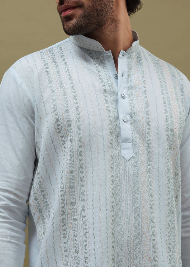 Mint Green Cotton Kurta Set With Resham Work For Men