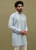 Mint Green Cotton Kurta Set With Resham Work For Men