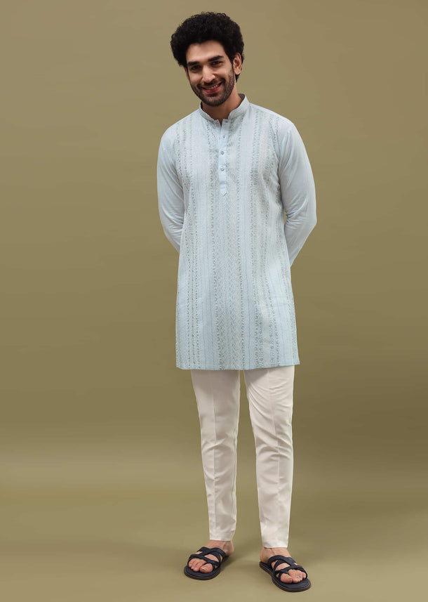 Mint Green Cotton Kurta Set With Resham Work For Men