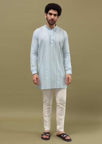 Mint Green Cotton Kurta Set With Resham Work For Men