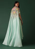 Mint Green Crepe Drape Skirt And Blouse Set With Cape