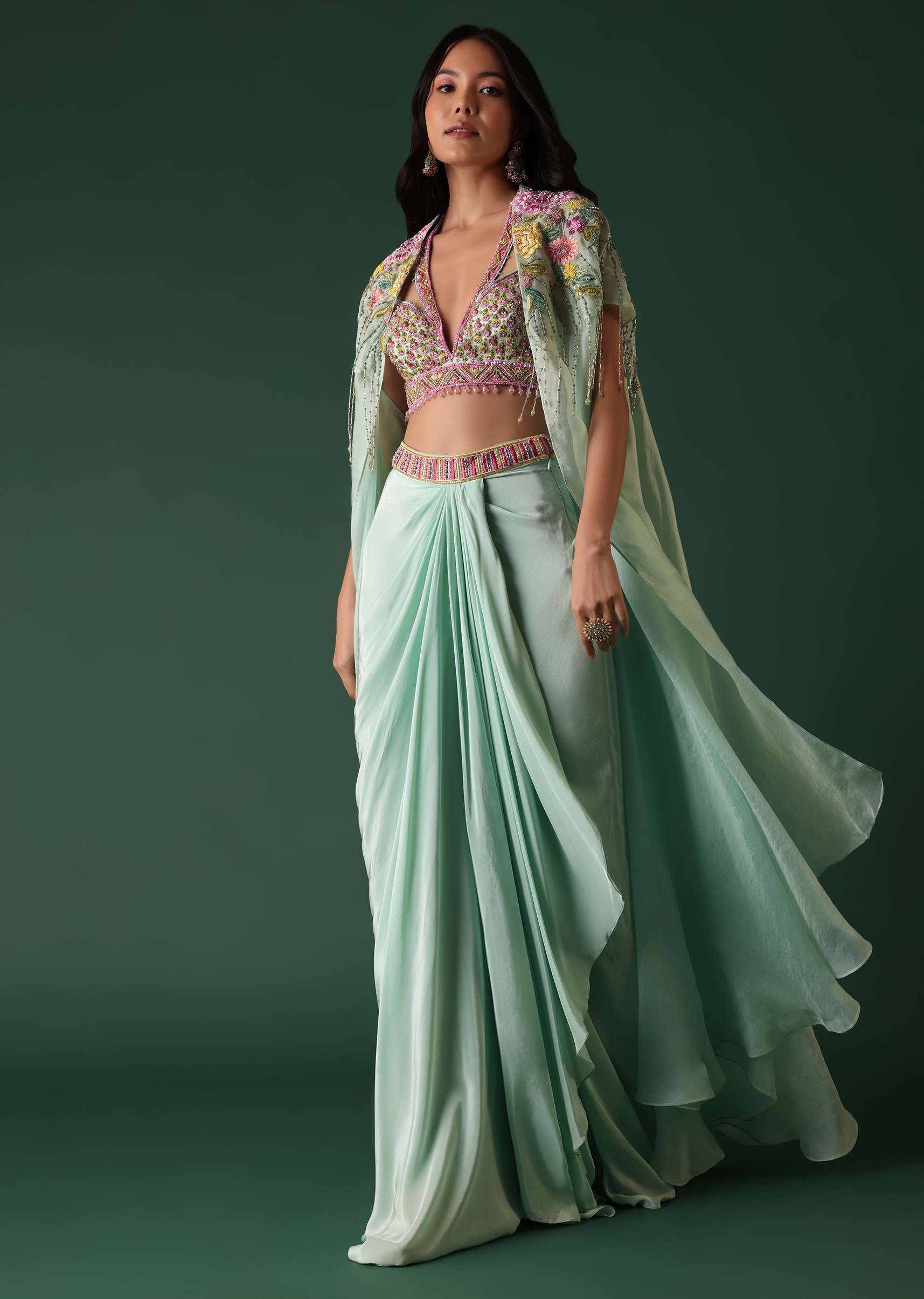 Mint Green Crepe Drape Skirt And Blouse Set With Cape