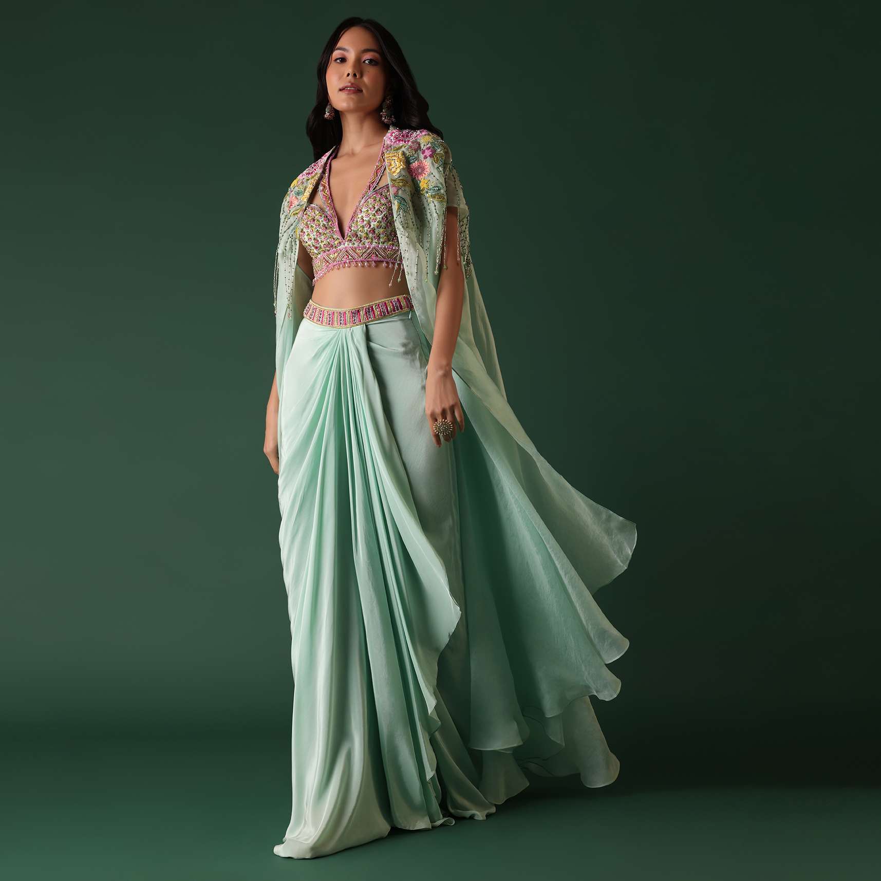 Mint Green Crepe Drape Skirt And Blouse Set With Cape