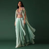 Mint Green Crepe Drape Skirt And Blouse Set With Cape