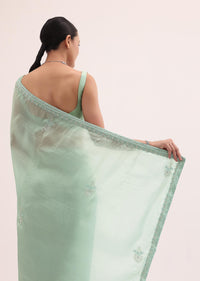 Mint Green Embroidered Satin Saree With Unstitched Blouse