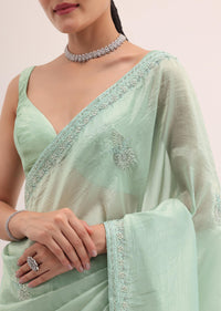 Mint Green Embroidered Satin Saree With Unstitched Blouse