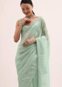 Mint Green Embroidered Satin Saree With Unstitched Blouse