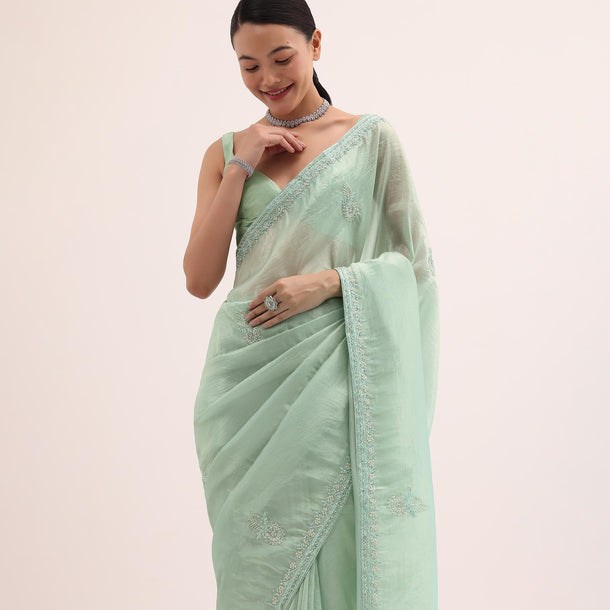 Mint Green Embroidered Satin Saree With Unstitched Blouse