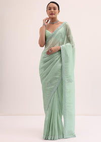 Mint Green Embroidered Satin Saree With Unstitched Blouse