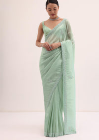 Mint Green Embroidered Satin Saree With Unstitched Blouse