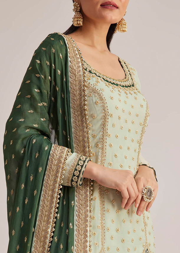 Mint Green Embroidered Sharara Set With Dark Green Dupatta