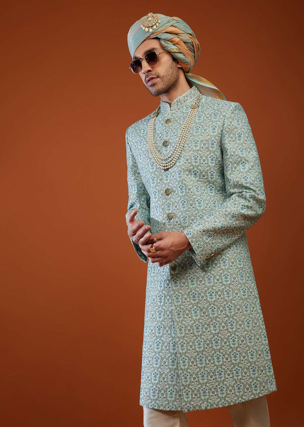 Powder Blue Embroidered Tussar Silk Sherwani Set