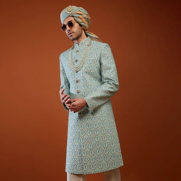 Powder Blue Embroidered Tussar Silk Sherwani Set