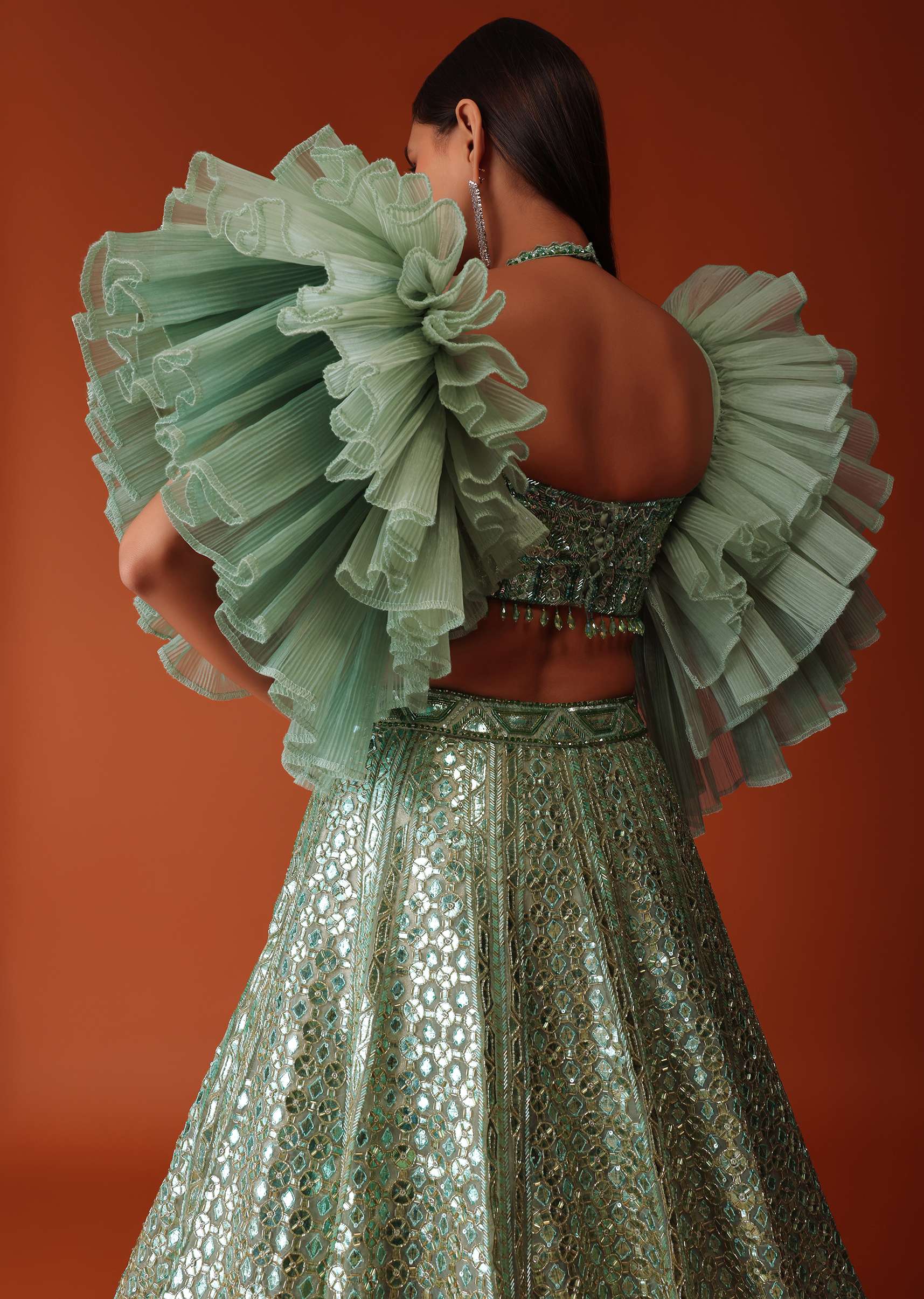 Mint Green Foil Embroidered Bridal Lehenga Set With Frilled Sleeve Blouse