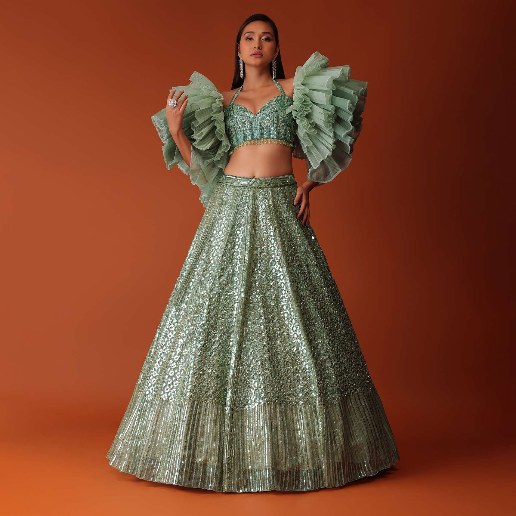 Mint Green Foil Embroidered Bridal Lehenga Set With Frilled Sleeve Blouse