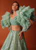 Mint Green Foil Embroidered Bridal Lehenga Set With Frilled Sleeve Blouse