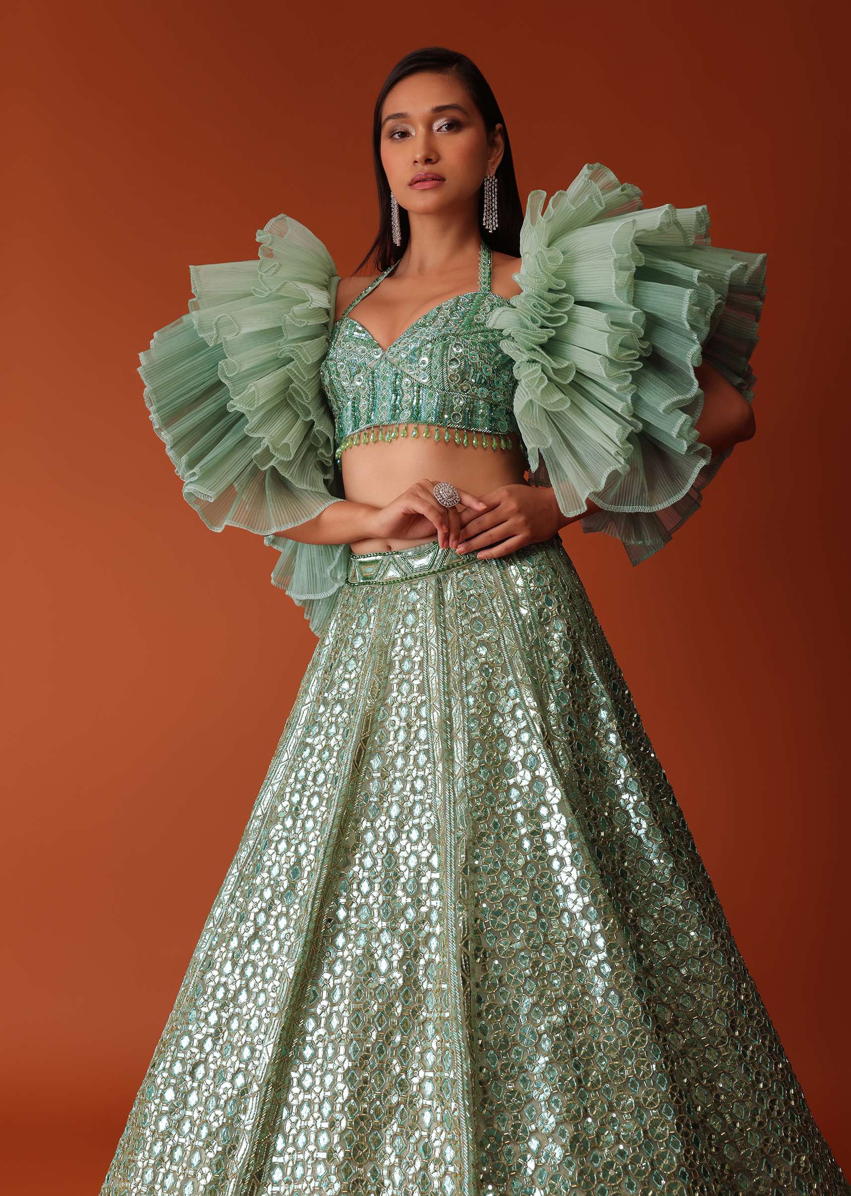 Mint Green Foil Embroidered Bridal Lehenga Set With Frilled Sleeve Blouse