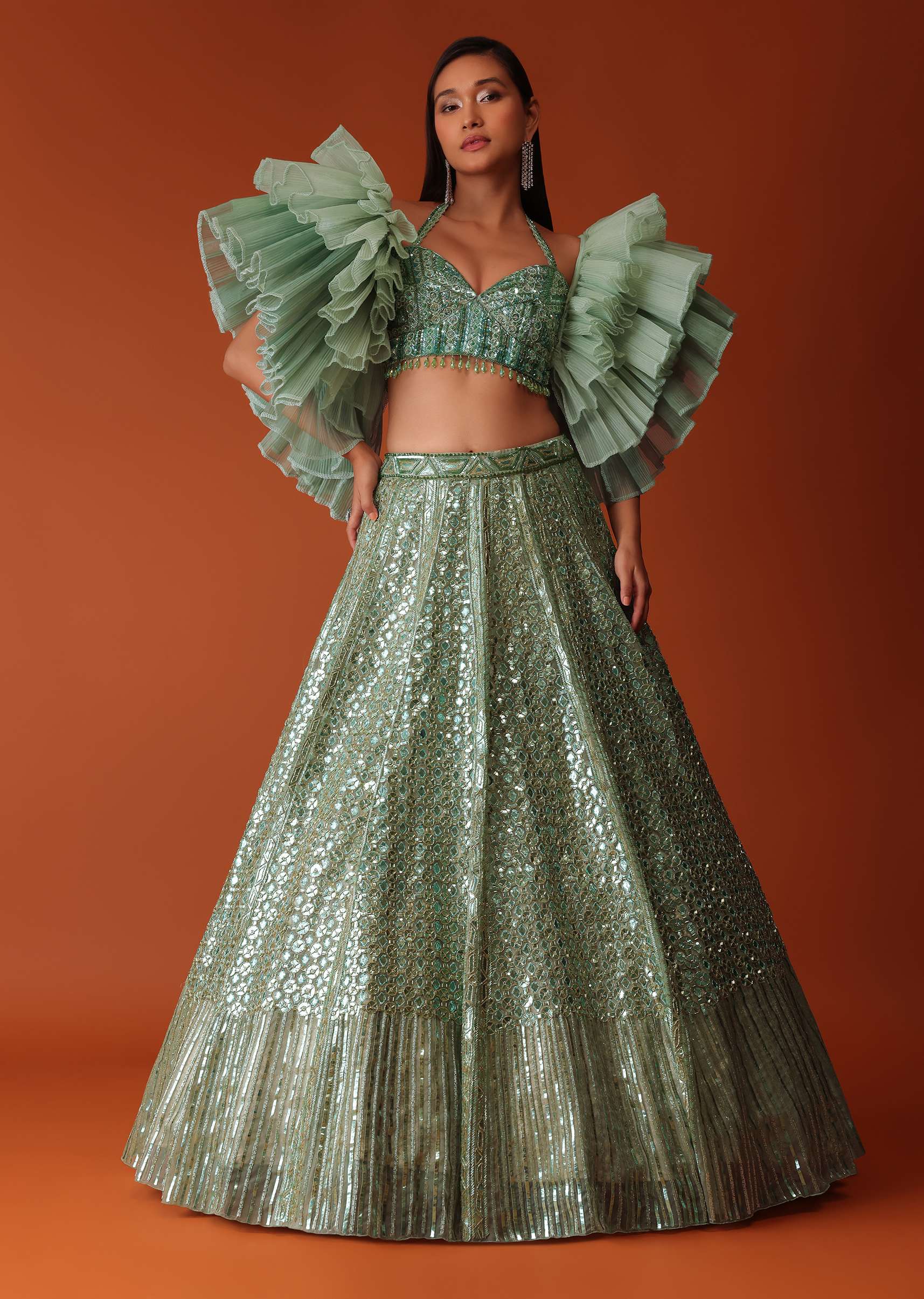 Mint Green Foil Embroidered Bridal Lehenga Set With Frilled Sleeve Blouse