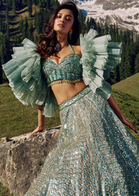 Mint Green Foil Embroidered Bridal Lehenga Set With Frilled Sleeve Blouse