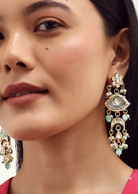 Mint Green Gold Finish Long Necklace Set With Kundan In Mix Metal