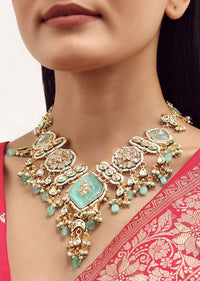 Mint Green Gold Finish Long Necklace Set With Kundan In Mix Metal