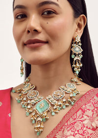 Mint Green Gold Finish Long Necklace Set With Kundan In Mix Metal