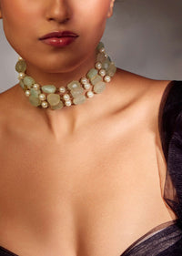 Mint Green Gold Plated Choker Necklace With Freshwater Pearls In Silver Alloy