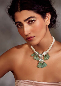 Mint Green Gold Plated Silver Alloy Polki Necklace