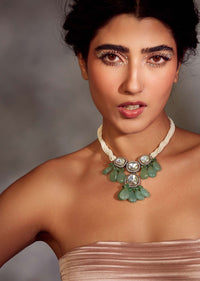 Mint Green Gold Plated Silver Alloy Polki Necklace
