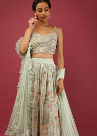Mint Green Lehenga Choli In Georgette With Colorful Resham Embroidered Floral Jaal And Mirror Work