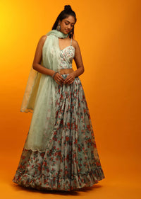 Mint Green Lehenga In Organza With Floral Print And Sequins Embroidered Sleeveless Choli