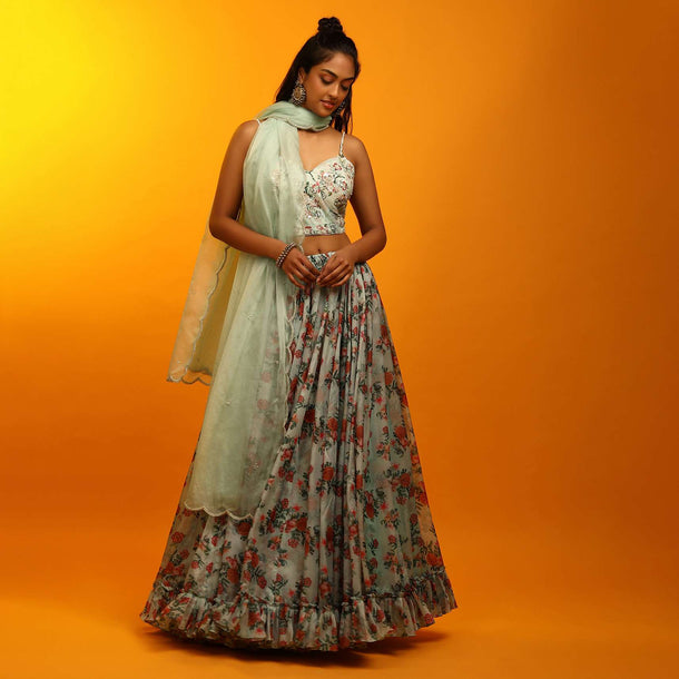 Mint Green Lehenga In Organza With Floral Print And Sequins Embroidered Sleeveless Choli