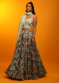 Mint Green Lehenga In Organza With Floral Print And Sequins Embroidered Sleeveless Choli