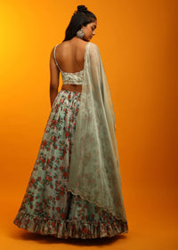 Mint Green Lehenga In Organza With Floral Print And Sequins Embroidered Sleeveless Choli