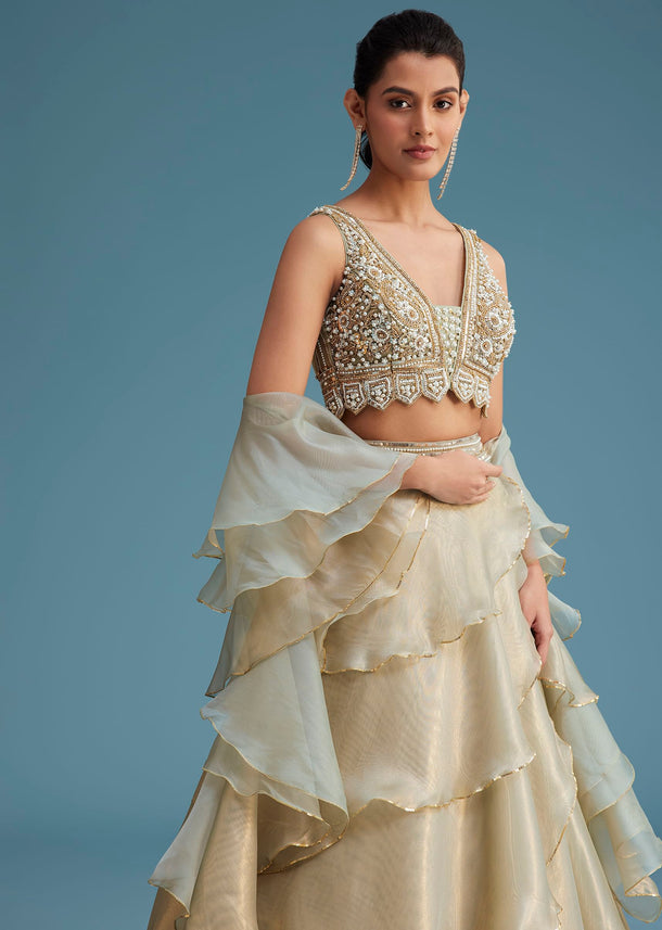 Mint Green Organza Layered Lehenga Set
