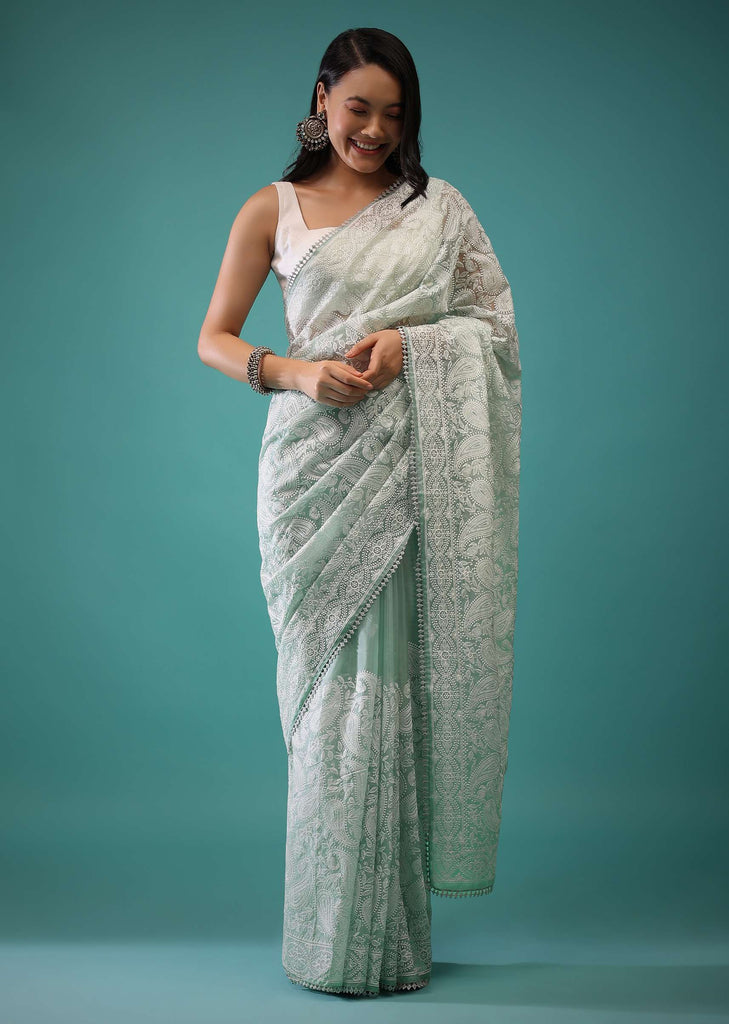 Mint Green Organza Saree In Lucknowi Threadwork, It Has Lacework Detailing On The Border