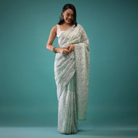 Mint Green Organza Saree In Lucknowi Threadwork, It Has Lacework Detailing On The Border