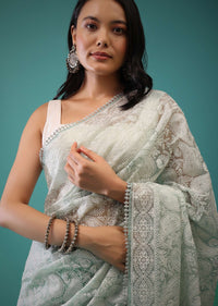Mint Green Organza Saree In Lucknowi Threadwork, It Has Lacework Detailing On The Border