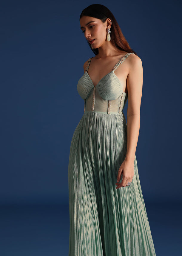 Mint Green Pleated Jumpsuit With Cutdana Embroidery