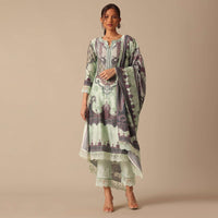 Mint Green Printed Kurta Set With Crochet Lace