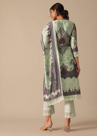 Mint Green Printed Kurta Set With Crochet Lace