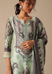 Mint Green Printed Kurta Set With Crochet Lace